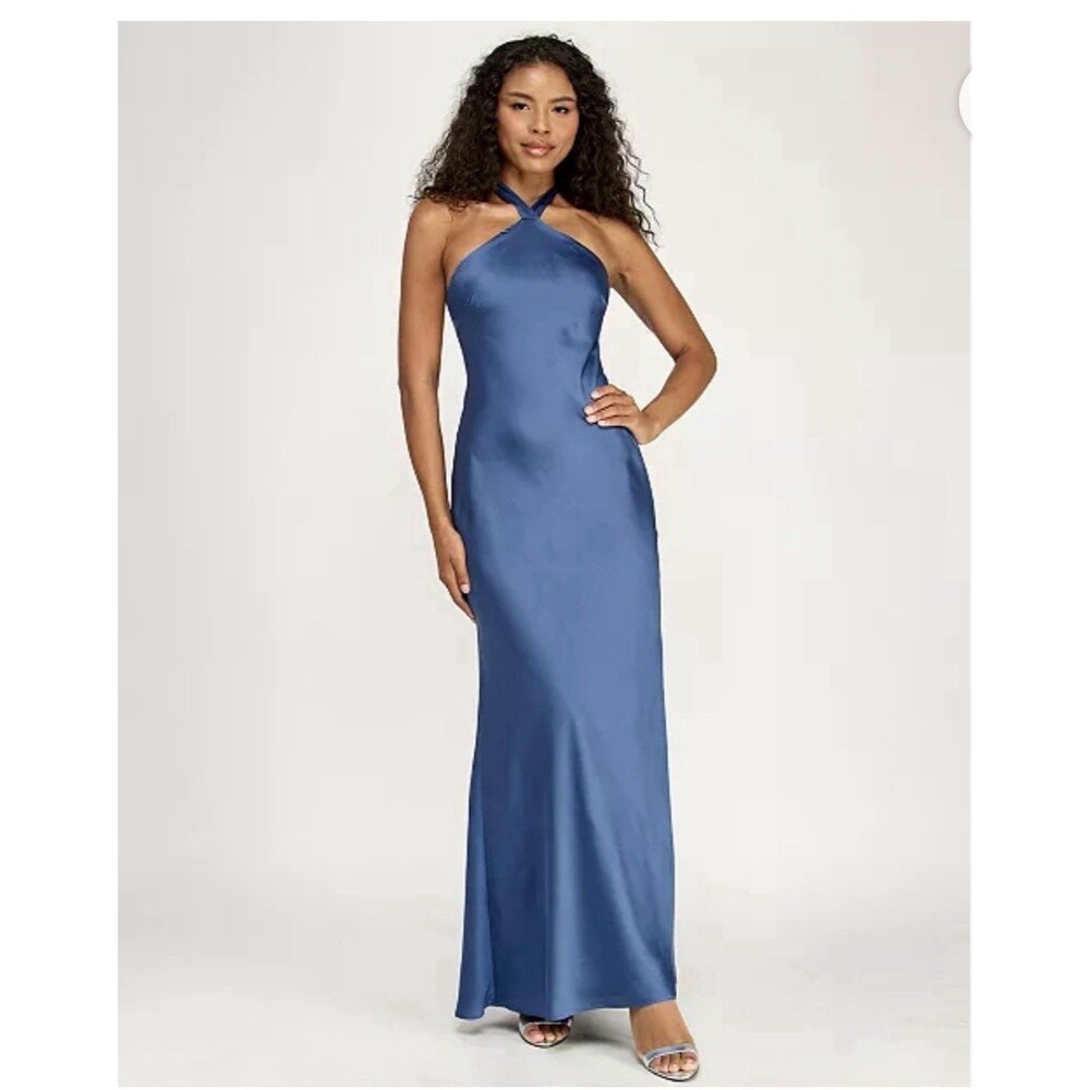 Alex & Sophia Juniors' Satin Halter Tie-Back Dress - Slim Blue  Size 1/2